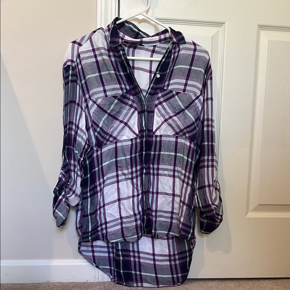 Express plaid Button-Up Women's high low Top